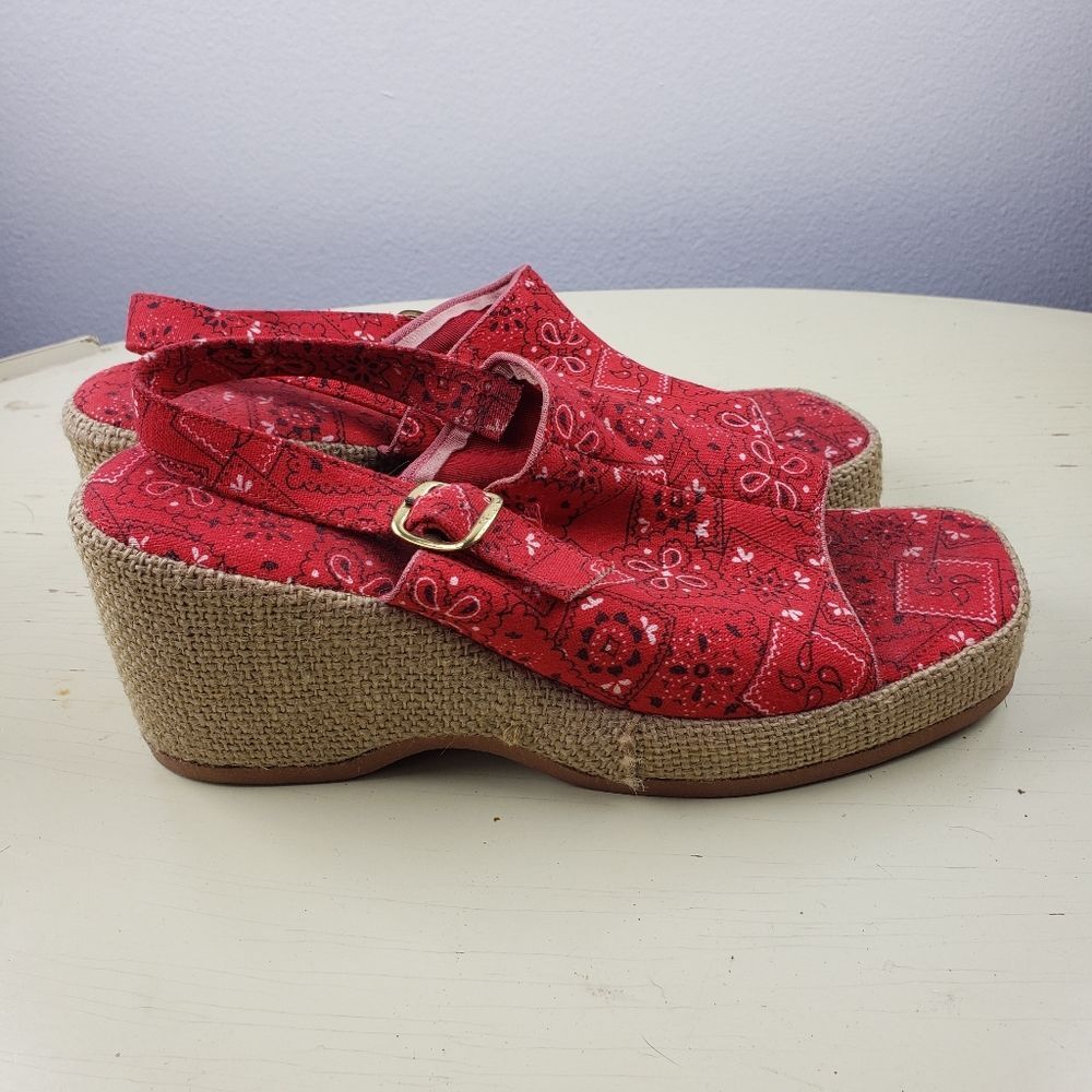 Women's Retro Rockabilly Handkerchief Red Banana Paisley Vintage Wedges Size 6B - Picture 10 of 12
